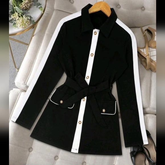Jackets & Blazers - Women's Contrast Color Lapel Button Belt Regular Jacket